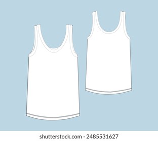 Technical vector drawing of tank tops in white color and blue background ok