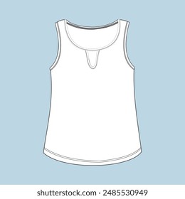 Technical vector drawing of a wide tank top with opening at the neckline in white and blue background