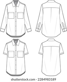 Technical vector flat sketch of relaxed-fit button-down shirt design template. Front and back view white shirt mock up. vector illustration. Shirt set fashion flat technical drawing template.