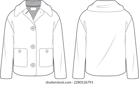 Technical vector flat sketch of sherpa jacket. 
Front and back sketch mock up of fur short coat. Oversize collar long sleeve outerwear with four buttons. Short fur wool texture and patch pockets.