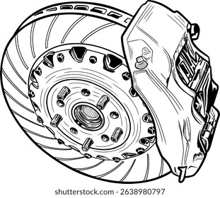 Technical vector icon of a performance disc brake system. Perfect for auto parts, racing, or engineering-related projects.