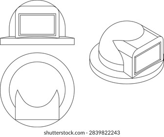 Technical vector illustration of an architectural dome observatory structure, vault, or specialized housing enclosure shown in multi-angle projections, featuring a hemispherical domed roof	