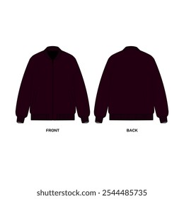 Technical vector illustration of a bomber jacket with pockets, zipper closure, front and back view.  Template sketches of bomber jacket in casual style, burgundy color, isolated on white background.