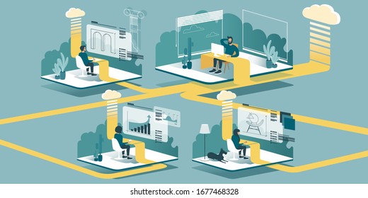 Technical vector Illustration explaining how cloud computing enhancing our ability to learn and work anywhere. Isometric layout explaining the principle of teleworking at home through the cloud.