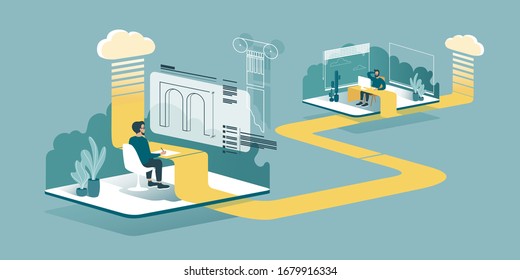 A technical vector illustration explaining how cloud computing enhances our ability to learn and work anywhere. Isometric drawing explaining how an architect works from home through the cloud