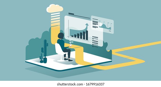 A technical vector illustration explaining how cloud computing enhances our ability to learn and work anywhere. Isometric drawing explaining how a accountant works from home through the cloud.