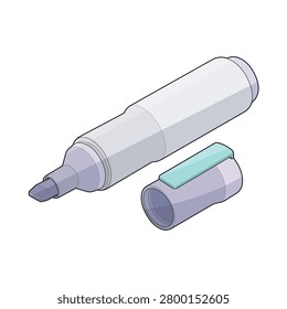 Technical vector illustration featuring an isolated isometric marker pen with cylindrical barrel body, removable cap, pocket clip, chisel tip, front collar section, and rear end cap detail. Suitable for office inventory catalogs, corporate stationery references, administrative supply collections, workplace organization diagrams, clerical asset records, and office layout planning resources.