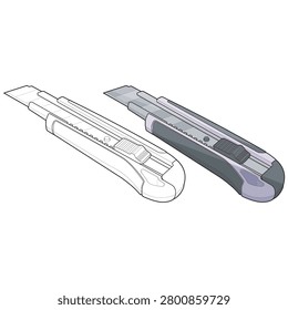 Technical vector illustration featuring an isolated isometric cutter knife bundle including outline and colored filled outline versions. The object includes an exposed blade segment, sliding button, guide rail, outer housing, handle body, front blade channel, and segmented blade structure. Suitable for office supply catalogs, corporate stationery collections, administrative inventory references, workplace supply diagrams, and clerical equipment documentation.