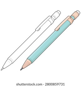 Technical vector illustration featuring an isolated isometric mechanical pencil bundle including outline and colored filled outline versions. The object includes a push button cap, pocket clip, barrel body, grip section, conical nose, tip point, and rear cap detail. Suitable for office supply catalogs, administrative inventory references, corporate stationery collections, clerical resource libraries, and office organization diagrams.