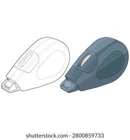 Technical vector illustration featuring an isolated isometric tape runner bundle including outline and colored filled outline versions. The object includes an applicator head, front nozzle section, side window opening, outer housing shell, grip panel area, curved body contour, and rear casing structure. Suitable for office stationery catalogs, administrative inventory references, corporate supply collections, clerical organization diagrams, and workplace inventory visual assets.