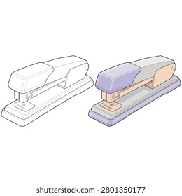 Technical vector illustration featuring an isolated isometric stapler bundle including outline and colored filled outline versions. The object includes an upper housing section, lower base platform, rear pivot point, support bracket, staple channel, front plate section, and elongated body profile. Suitable for office inventory catalogs, administrative supply references, corporate stationery collections, clerical inventory visuals, and workplace organization diagrams.