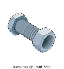 Technical vector illustration featuring an isolated isometric industrial hex bolt and matching hex nut in a colored filled outline style. The precision steel fastener assembly includes a hexagonal bolt head, threaded shank, and hex nut for secure mechanical connections in industrial applications. Suitable for engineering documentation, mechanical design, manufacturing, machine assembly, industrial maintenance, construction hardware catalogs, CAD layouts, technical manuals, and professional industrial illustrations.
