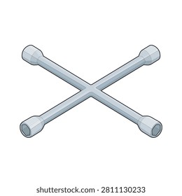 Technical vector illustration featuring an isolated isometric four way cross lug wrench in a colored filled outline style. The industrial steel hand tool features four socket ends arranged in a cross configuration for loosening and tightening wheel lug nuts during vehicle maintenance. Suitable for automotive repair, tire service, mechanical workshops, garage equipment catalogs, industrial maintenance, engineering documentation, technical manuals, CAD layouts, and professional industrial illustrations.