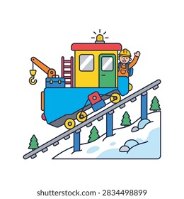 A technical vector illustration of a funicular maintenance vehicle for railway infrastructure.