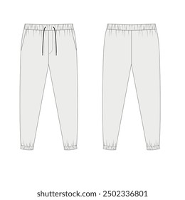 Technical vector illustration of joggers pants front and back view. Sketch of simple sport pants on drawstring, gray color. Basic jersey workout pants template, vector.