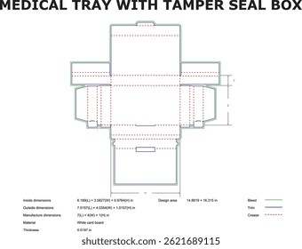 Ilustración vectorial técnica de una bandeja médica con diseño de caja de sello de manipulación y dimensiones para el diseño de embalaje