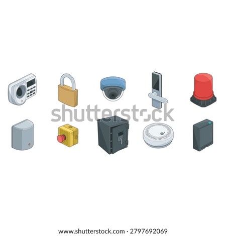 Technical vector illustration mega bundle featuring an isolated isometric indoor high-security restricted area hardware set. This inner core access control and IoT surveillance collection features colored filled outline versions of a biometric fingerprint scanner, a brass padlock, an IP dome CCTV camera, a digital mortise lock, a cylindrical strobe siren, a PIR motion sensor, a panic button kill switch, a heavy-duty steel vault, a ceiling smoke detector, and an RFID proximity reader. Optimized for bank vault blueprints, restricted BMS facility layouts, and corporate technical diagrams.