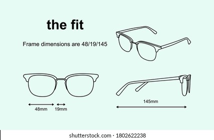 Technical vector line art drawing of glasses with dimensions.Set of black outlined vector glasses isolated on light blue background.Illustration for an optician's shop.