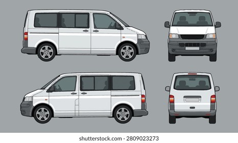 Technical vector orthographic projection of a generic white passenger van showing front, back, and side views, ideal for automotive design, vehicle branding, and fleet mockups.