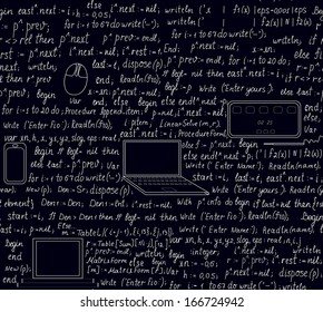 Technical vector seamless pattern with handwritten programming code. You can use any color of background.