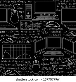 Technical vector seamless pattern with programming code, charts and flow diagrams, formulas, technical devices and schemes