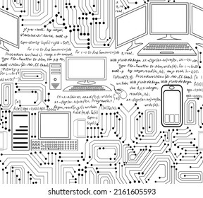 Technical vector seamless pattern with programming code, formulas, various devices like laptops, computers and mobile phones