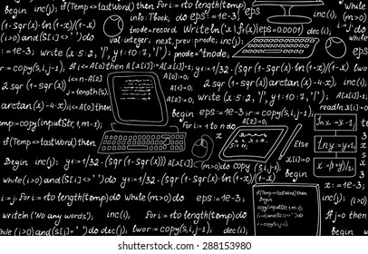 Technical vector seamless pattern with programming code, program flow diagrams, formulas, technical devices and schemes. Endless computer texture. You can use any color of background