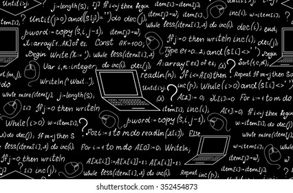 Technical vector seamless pattern with programming code, laptops and formulas. Endless computer texture. You can use any color of background