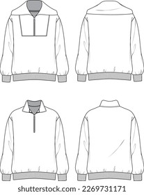 Technical vector sketch half zip pullover sweatshirt  This is an Illustration ribbed zipper high neck sweatshirt  
(white  front  back  mock up  drawing  cotton  cuffs  rib  flat  sleeve)