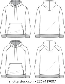 Technical vector sketch of  hoodie sweat shirt. This is an Illustration of hooded sweatshirt. 
(white, front, back, mock up, drawstring, cotton, rib, clothing, fashion, raglan, sleeve)