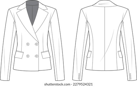 Technical vector sketch of notch lapel blazer. Front and back sketch mock up of tailored jacket. Lapel collar long sleeve outerwear with double buttons. Work wear coat suit with welt pockets. 