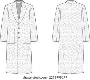 Technical vector sketch of oversize long coat. Front and back sketch mock up of classic coat. Lapel collar long sleeve outerwear with three buttons. Short fur wool texture and oversize patch pockets.