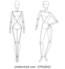 Technical vector woman figure static and  in movement for vogue style illustration and fashion designers. Female's stylized figure.