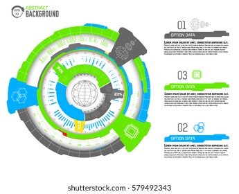 Technical virtual technology industrial infographic concept. Vector design background. Techno blue interface illustration. Digital colorful hi-tech science display. Industrial media information circle