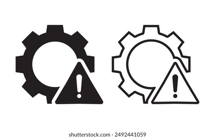 Technical Warning icon set. System error vector symbol. Gear with warning icon. Production issue alert sign.