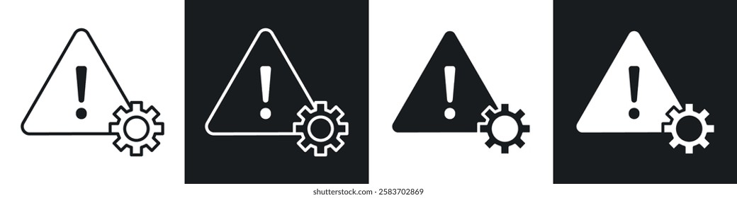 Technical warning icons collection in black and white filled and line versions