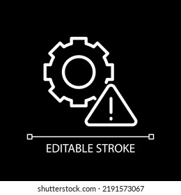 Technical warning white linear icon for dark theme. Program settings issue. Device configuration problem. Thin line illustration. Isolated symbol for night mode. Editable stroke. Arial font used