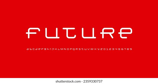 Technical white font, digital rounded alphabet, trendy cyber letters from A to Z and numbers from 0 to 9, vector illustration 10EPS