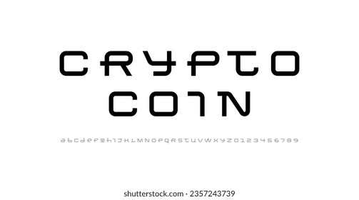 Technical wide font, cyber alphabet, digital uppercase letters from A to Z and numbers from 0 to 9 for interface future design, vector illustration 10EPS