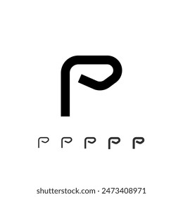 Technical wide font, digital cyber alphabet, set of five different thicknesses of the trendy modern letter set P (light, thin, regular, medium, bold, thick), vector illustration 10EPS