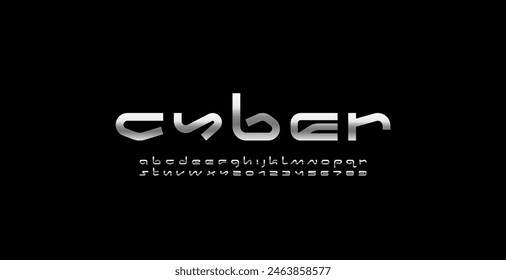 Technical wide future chrome font, digital cyber alphabet, trendy silver letters from A to Z and numbers from 0 to 9, vector illustration 10EPS