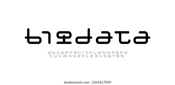 Technical wide future font, digital cyber alphabet, trendy rounded letters from A to Z and numbers from 0 to 9, vector illustration 10EPS