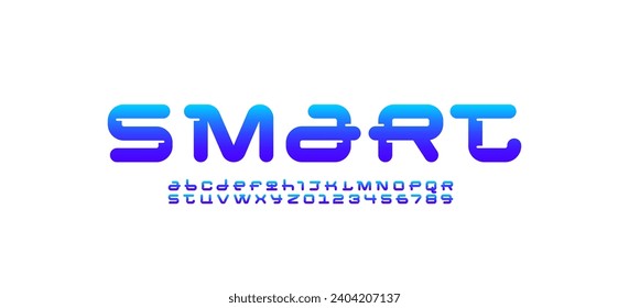 Technical wide future font, digital cyber alphabet, rounded letters A, B, C, D, E, F, G, H, I, J, K, L, M, N, O, P, Q, R, S, T, U, V, W, X, Y, Z and numerals 0, 1, 2, 3, 4, 5, 6, 7, 8, 9