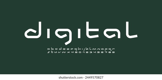 Technical wide future font, digital cyber alphabet, trendy bold letters from A to Z and numbers from 0 to 9, vector illustration 10EPS