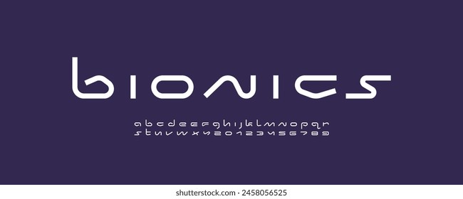 Technical wide future font, digital cyber alphabet, trendy white letters from A to Z and numbers from 0 to 9, vector illustration 10EPS