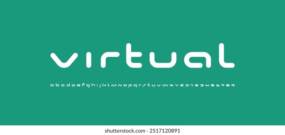 Technisch weit gefasste Schrift, digitales Cyber-Alphabet, trendige Originalbuchstaben A, B, C, D, E, F, G, H, I, J, K, L, M, N, O, P, Q, R, S, T, U, V, W, X, Y, Z und Ziffern 0, 1, 2, 3, 4, 5, 6, 7, 8, 9