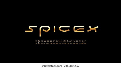 Technical wide future gold font, digital cyber alphabet, trendy golden letters from A to Z and numbers from 0 to 9, vector illustration 10EPS