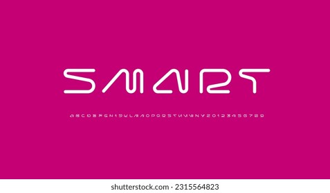 Technical wide round future font, digital cyber alphabet, trendy original white uppercase letters from A to Z and numbers from 0 to 9 for interface design, vector illustration 10EPS