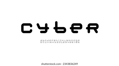 Technical wide thick future font, digital cyber alphabet, trendy round uppercase bold letters from A to Z and numbers from 0 to 9, vector illustration 10EPS