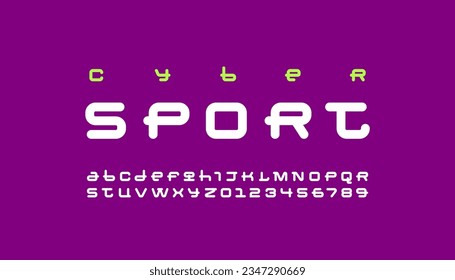 Technical wide thick future font, digital cyber alphabet, trendy round uppercase bold letters from A to Z and numbers from 0 to 9, vector illustration 10EPS